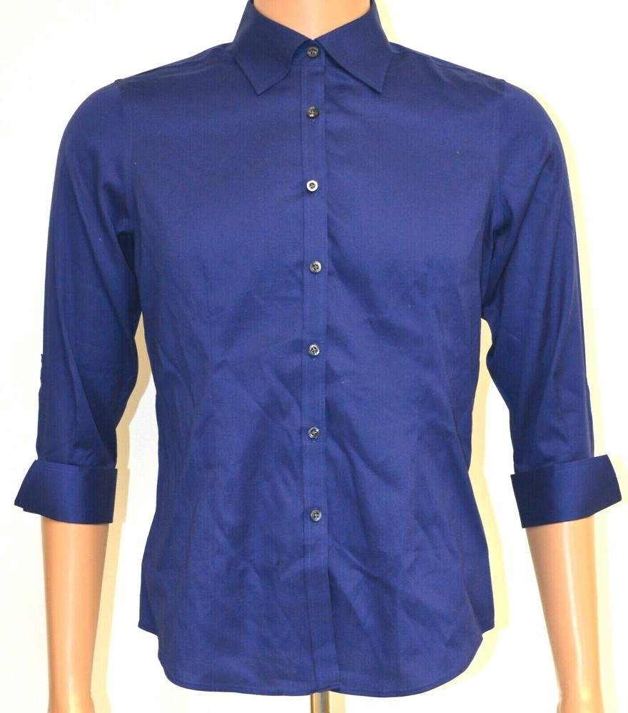 KIRKLAND Ladies 3/4 Sleeve OXFORD SHIRT Button Fastening Blouse NAVY BLUE Medium