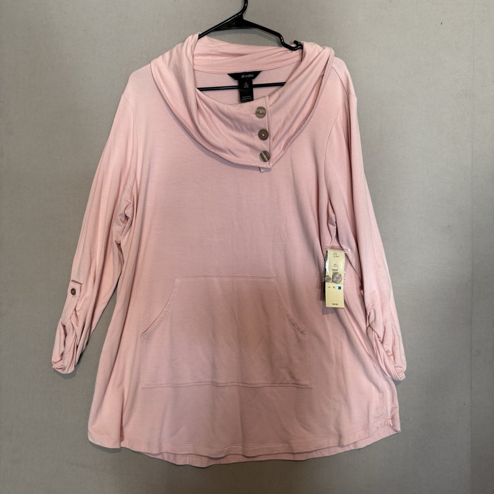 Ali Miles Top Women Extra Large Pink Cowl Neck Relaxed Button Loungewear Artsy