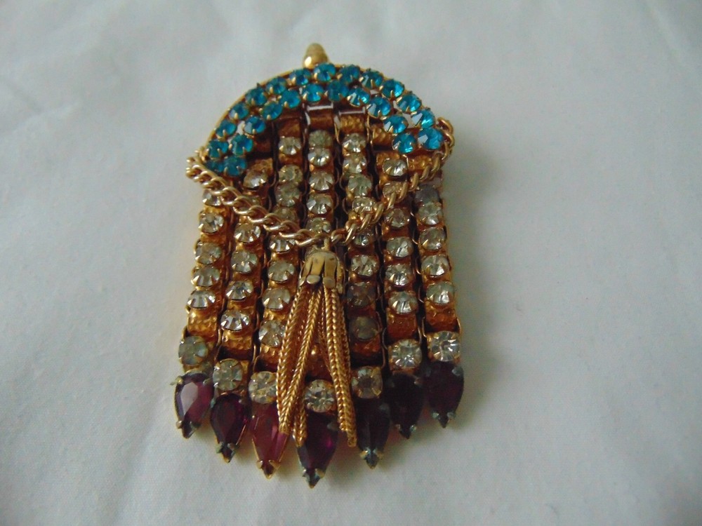 Victorian brooch purple teardrop dangles box chain blue crystals tassel
