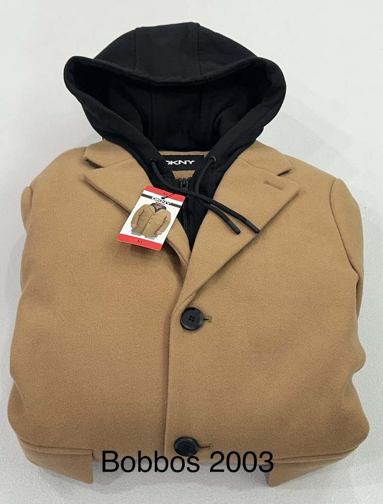 DKNY Men's Faux Wool Heavyweight Bib Front Zipper Button Coat Jacket, Tan, M