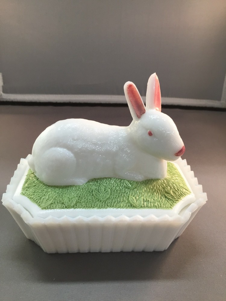 Vintage Westmoreland Glass Hand-Painted Signed Bunny on Nest