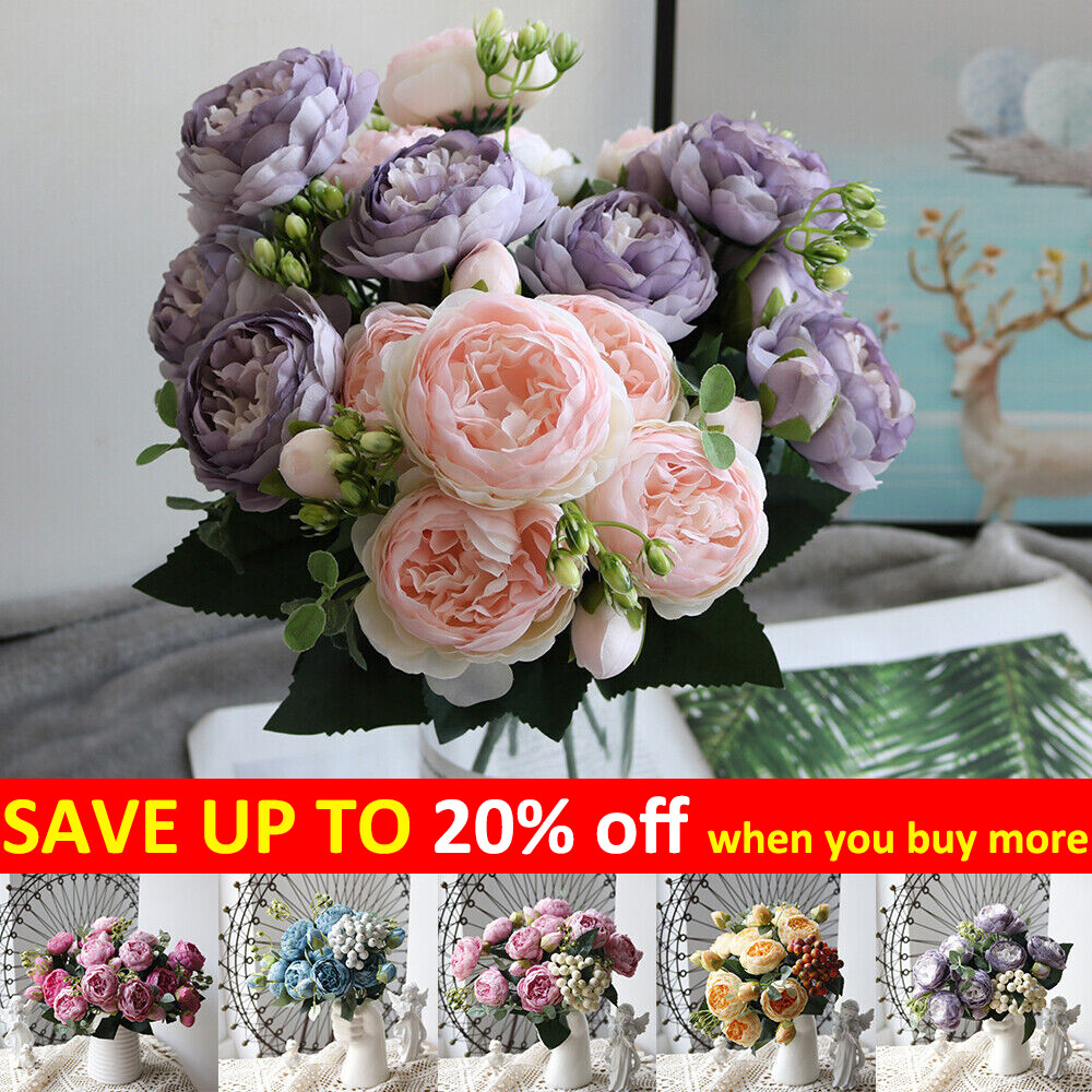 9 Heads Silk Peony Artificial Flowers Wedding Bouquet Home Party Outdoor Decor