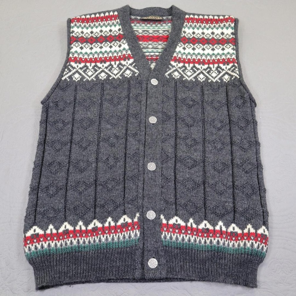 Nordstrikk Sweater Vest Mens Large Gray Virgin Wool Nordic Fair Isle Norway Knit