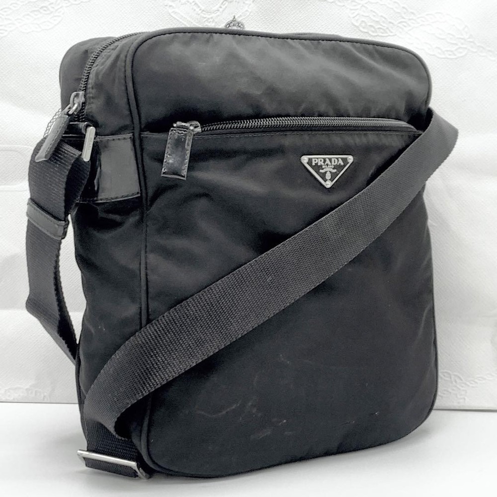Prada Black Nylon Leather Messenger Bag with Triangle Logo from Japan