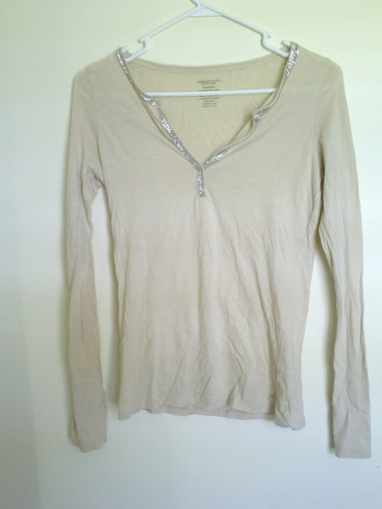 American Eagle Outfitter Women Beige Sequin V neck  long Sleeve Top Shirt Sz SP