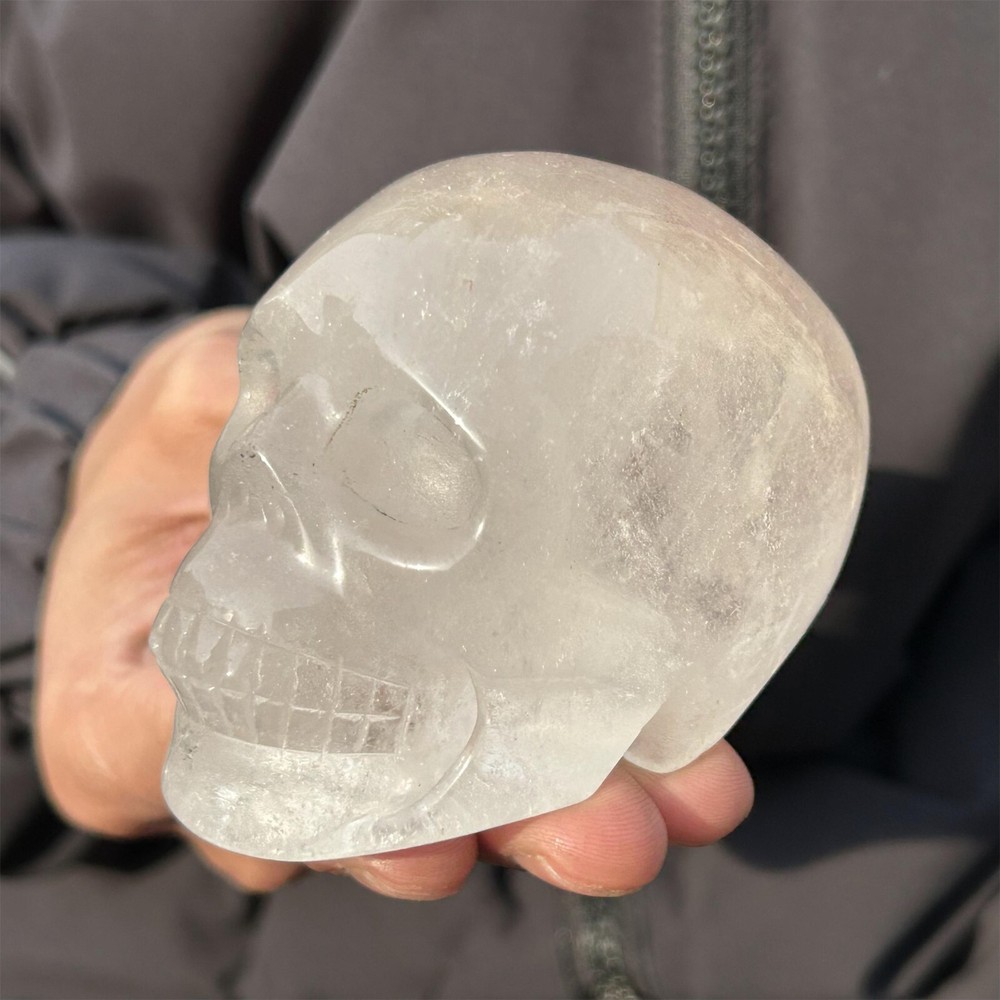 0.37kg Natural white crystal Quartz hand Carved skull crystal specimen Reiki