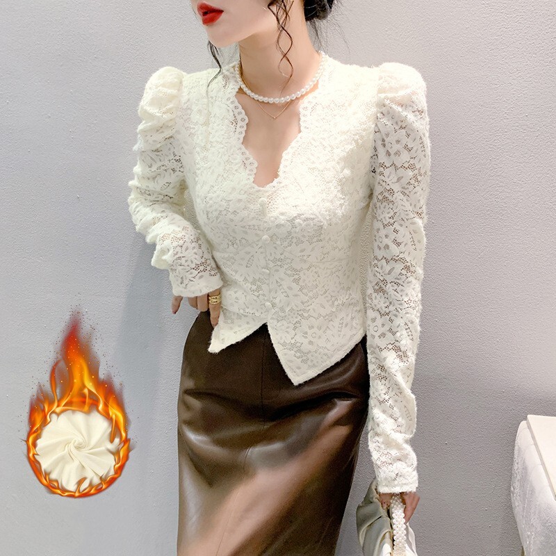 Women's Floral Lace Fleece-Lined V-Neck Blouse with Puff Sleeves