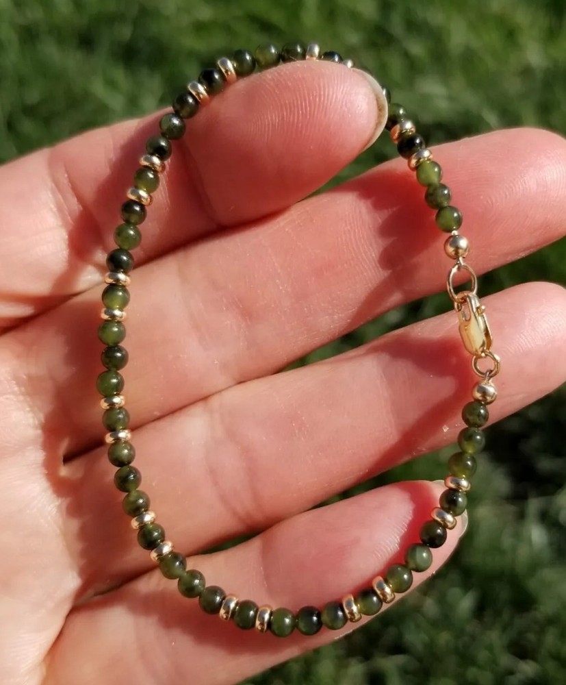 14k Solid Gold 3mm Jade Rondelle Bead Bracelet in Yellow or Rose