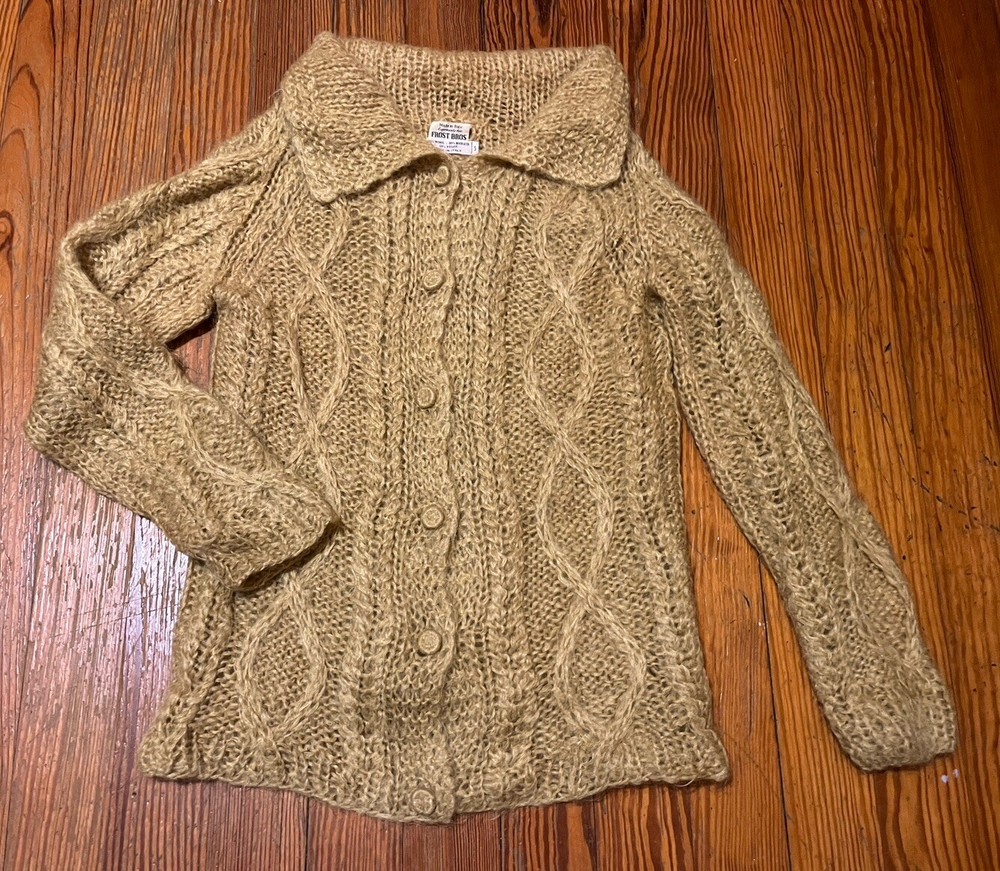 Vintage 60s Gold Wool Mohair Frost Bros Wm M Hand Knit Italian Cardigan Sweater
