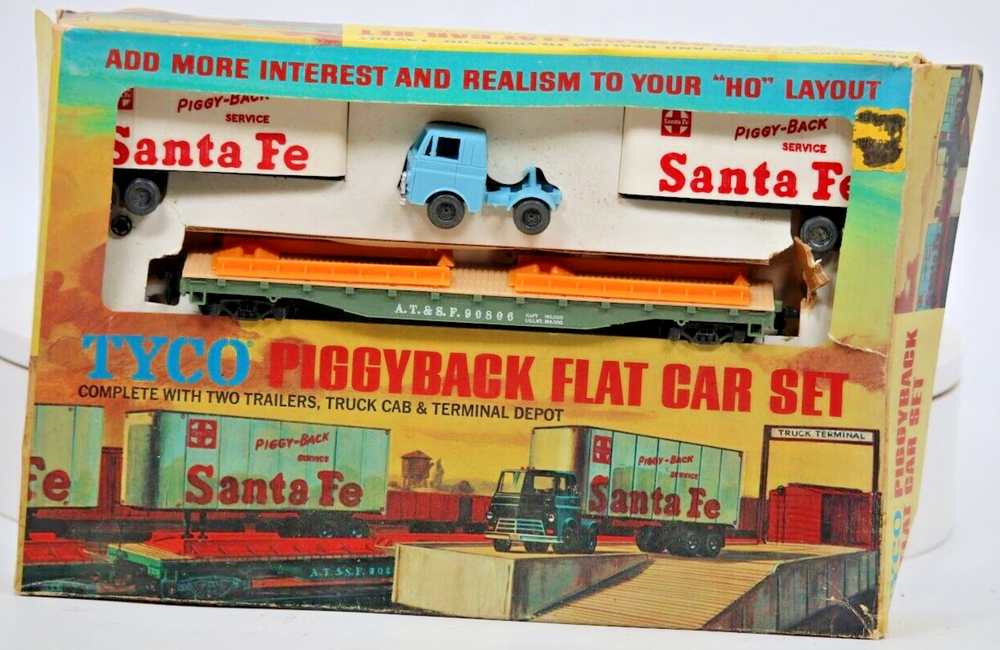 Vintage Tyco HO Scale Santa Fe Piggyback Flat Car Set with Original Box 348