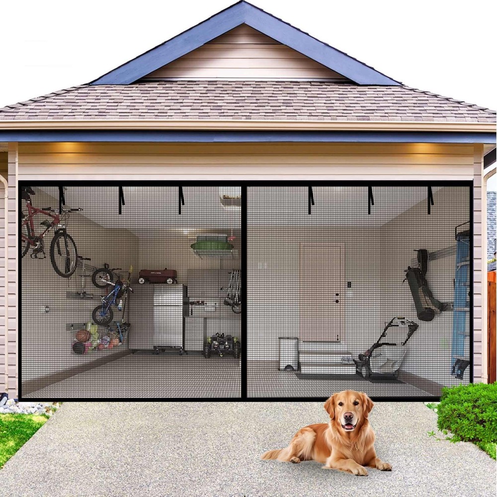 Heavy Duty 16x7FT Magnetic Garage Screen Door for 2 Car Garage - Durable Mesh
