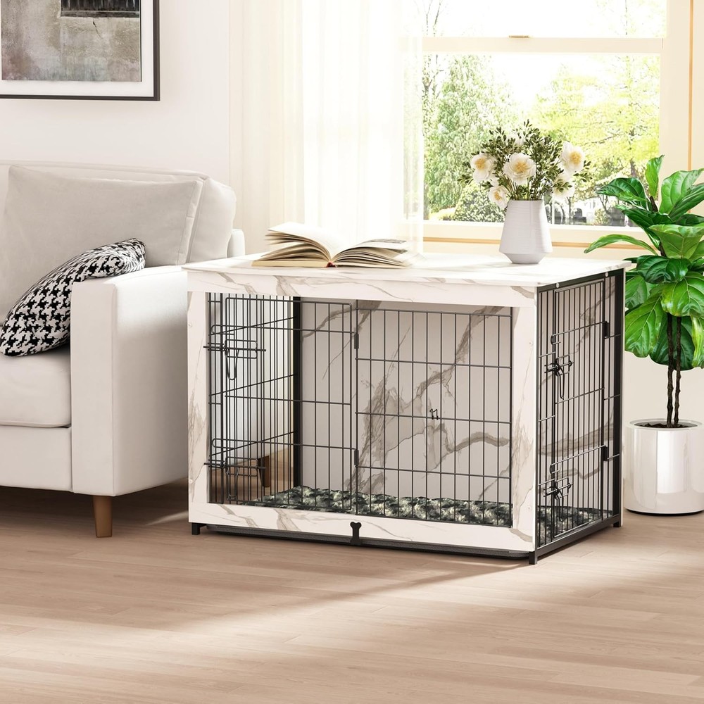 Stylish Wooden Dog Crate End Table with Cushion & Double Doors  
