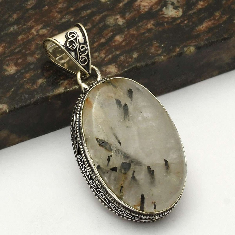 Black Rutile Gemstone Handmade Antique Design Pendant Jewelry 2.4