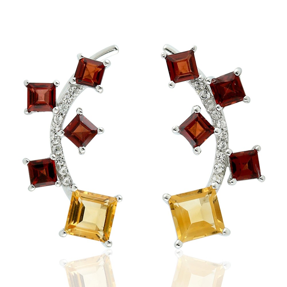 Cushion Cut Citrine Rhodolite Garnet Ear Climbers 925 Silver Jewelry