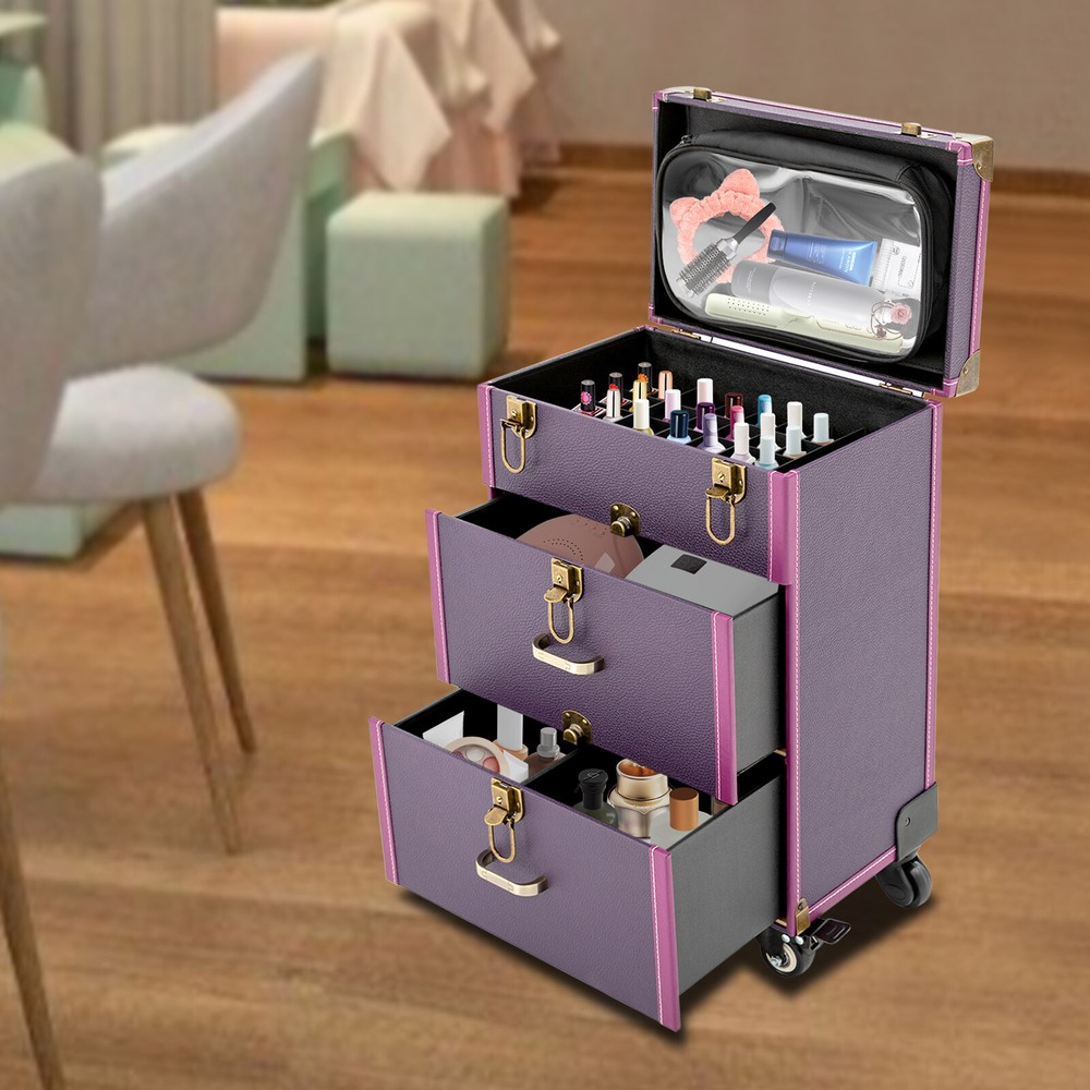 Portable Makeup Train Case Professional Cosmetic Trolley Travel Vanity Organizer
