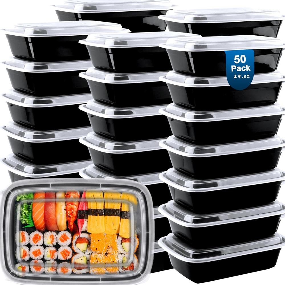 50-Pack Reusable 24oz Plastic Meal Prep Containers with Lids