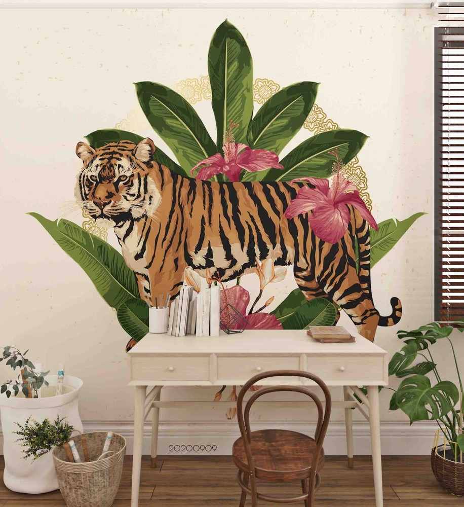 3D Tiger Flower Leaf Illustration Wall Murals Wallpaper Murals Wall Sticker