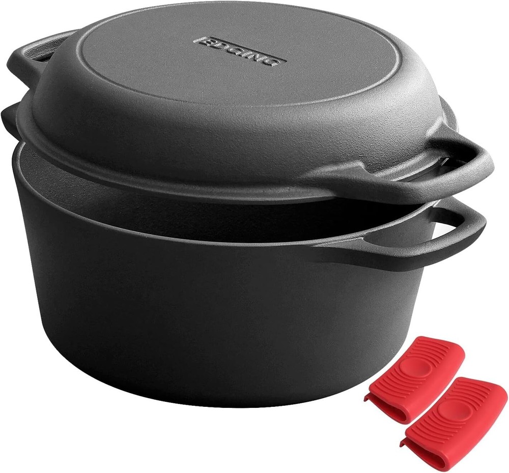 2-in-1 Pre-Seasoned Cast Iron Dutch Oven Pot with Skillet Lid Cooking Pan, 5QT