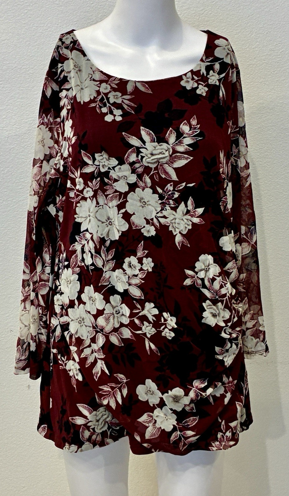 Charter Club Womens Sheer Floral Overlay Top Size 2X Burgundy Career Office