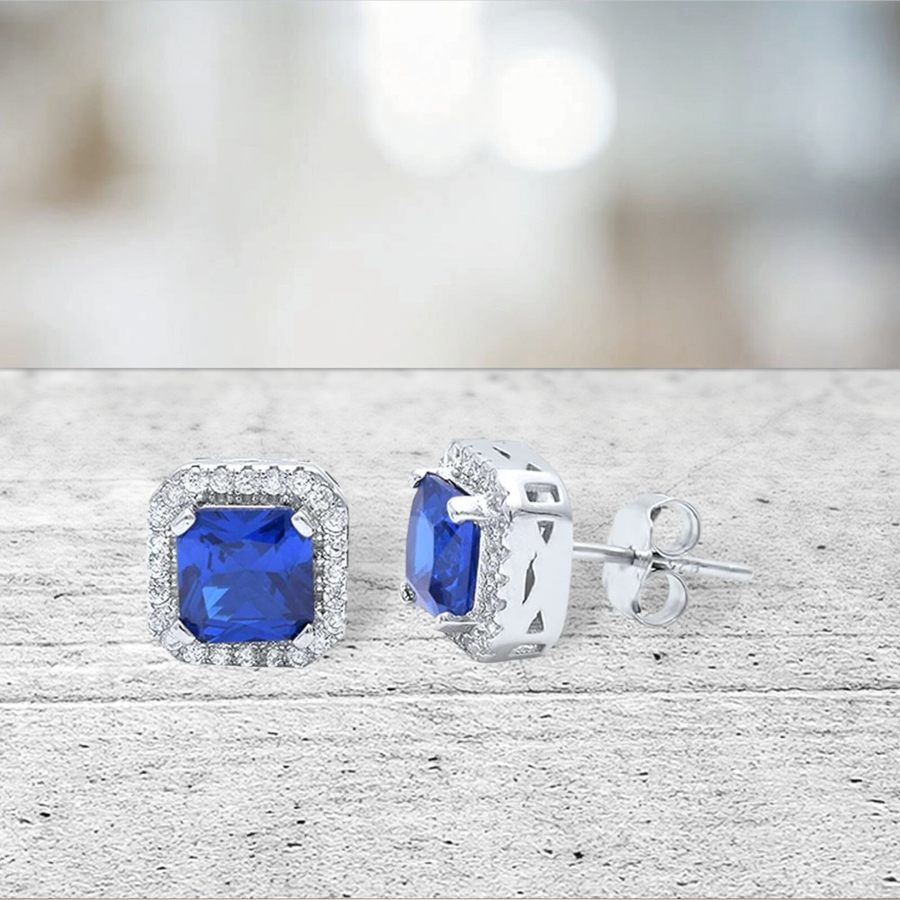 Exquisite SimulateTanzanite Square Halo Stud Earrings in Solid Sterling Silver