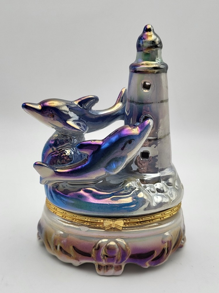 Dolphin Lighthouse Figurine Hinged Trinket Box Opalescent Luster Sea Ocean Decor