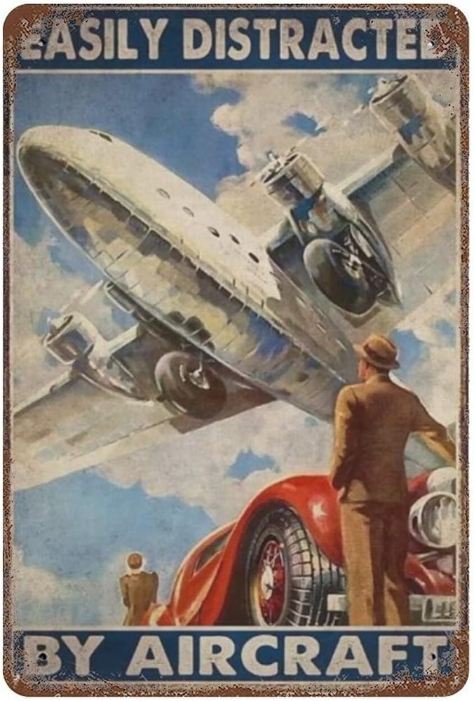 Airplane Metal Signs Retro Tin Poster Wall Art Plaque Easily Distracted By Airpl