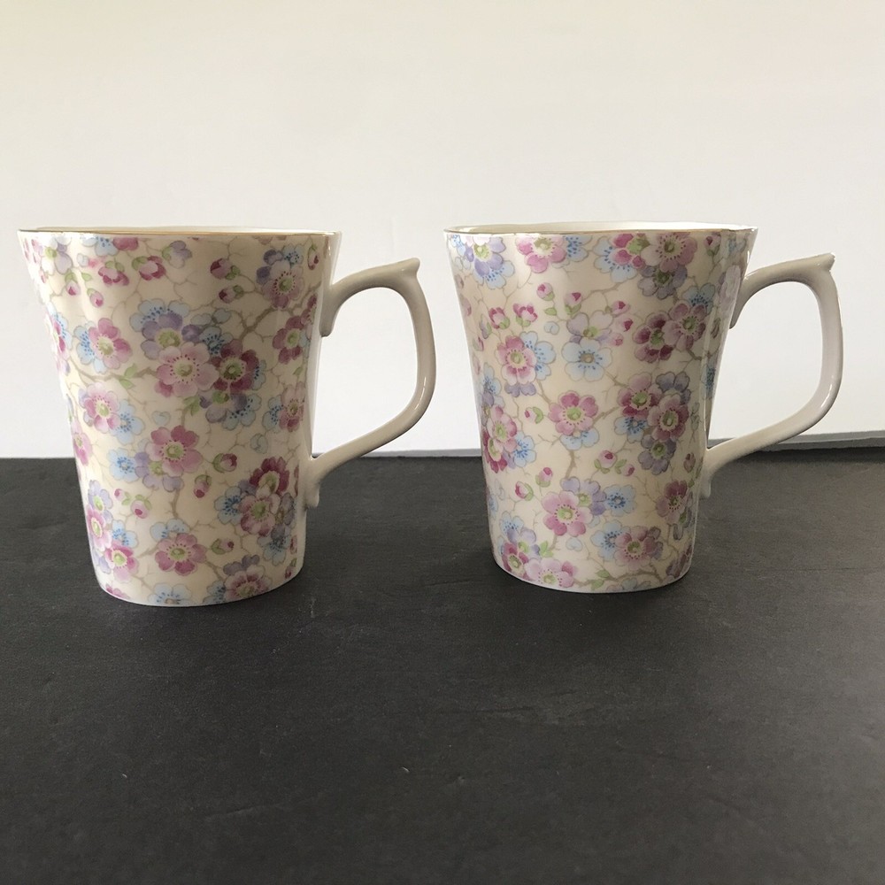 Graces Teaware Two Pink Floral Scallop Rim with Gold Trim Tea Coffee Mugs Cups