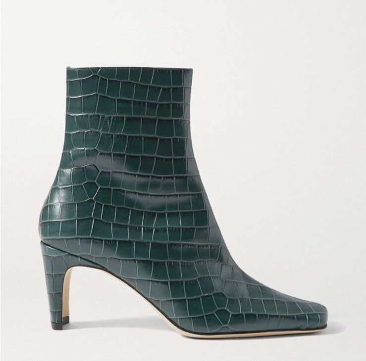 Staud Eva Croc-Effect Leather Boots in Hunter Green Size 37.5 Square Toe