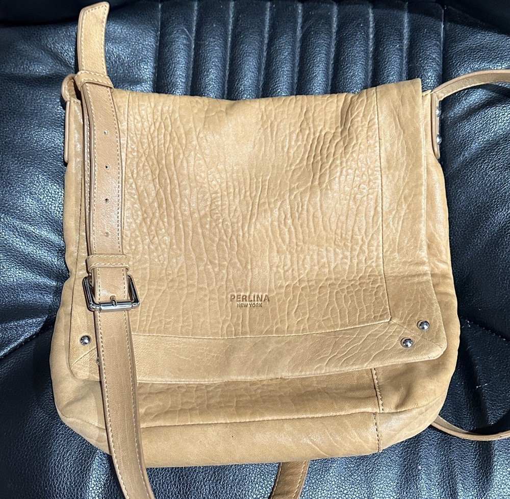 Perlina NY Camel Tan Soft Leather Crossbody Shoulder Messenger Bag 46