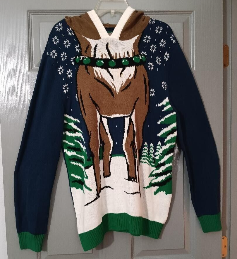 Ugly Christmas Sweater brand Hooded Reindeer Sweater With Horns Size L
