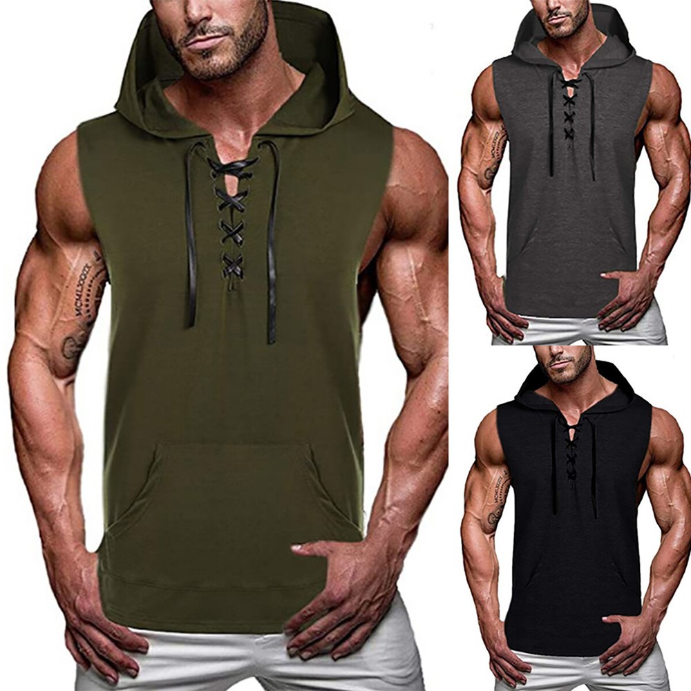 Mens Sport Gym Lace Up Sweatshirt Muscle Vest  Hooded Sleeveless Tank Tops NEW