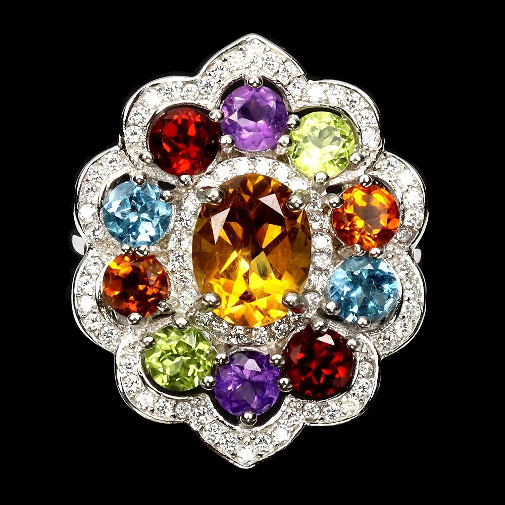 Sterling Silver Ring with Genuine Citrine Garnet Topaz Mined Gems Size 8.5