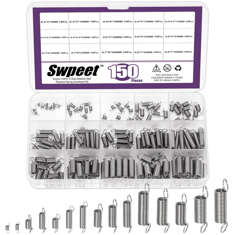 Swpeet 150-Piece Stainless Steel Extension Spring Kit in 15 Sizes with Dual Ho