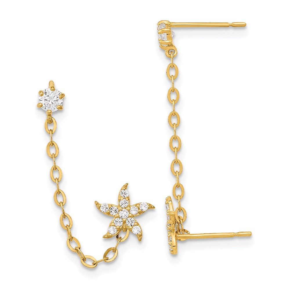 14K Yellow Gold Cubic Zirconia Double w/Chain Starfish Drop Single Earring