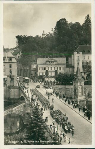 Ansichtskarte Tübingen Partie mit Eberhardbrücke 1938 Umzug Soldaten  (Nr.9096)