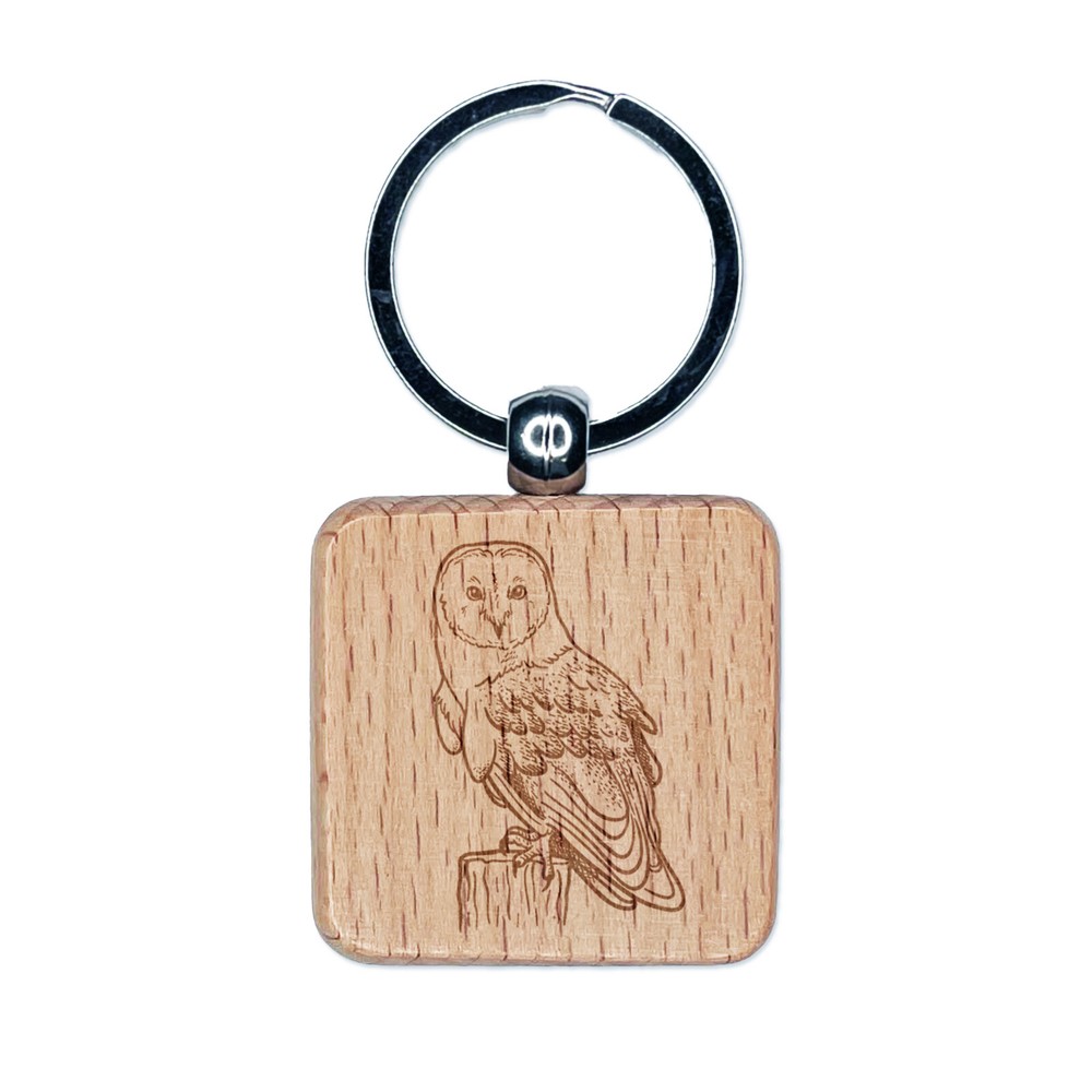 Magnificent Barn Owl Engraved Wood Square Keychain Tag Charm
