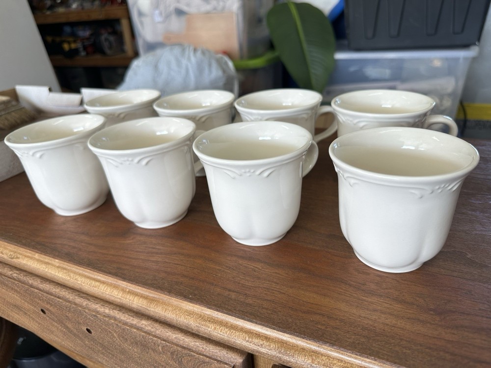 6 White Pfaltzgraff Filigree Coffee & Tea Mugs 3.5