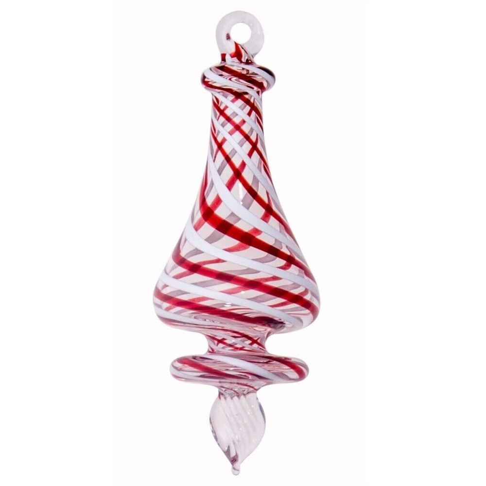 Red and White Swirl Egyptian Glass Cone Christmas Tree Ornament Handmade in Egypt