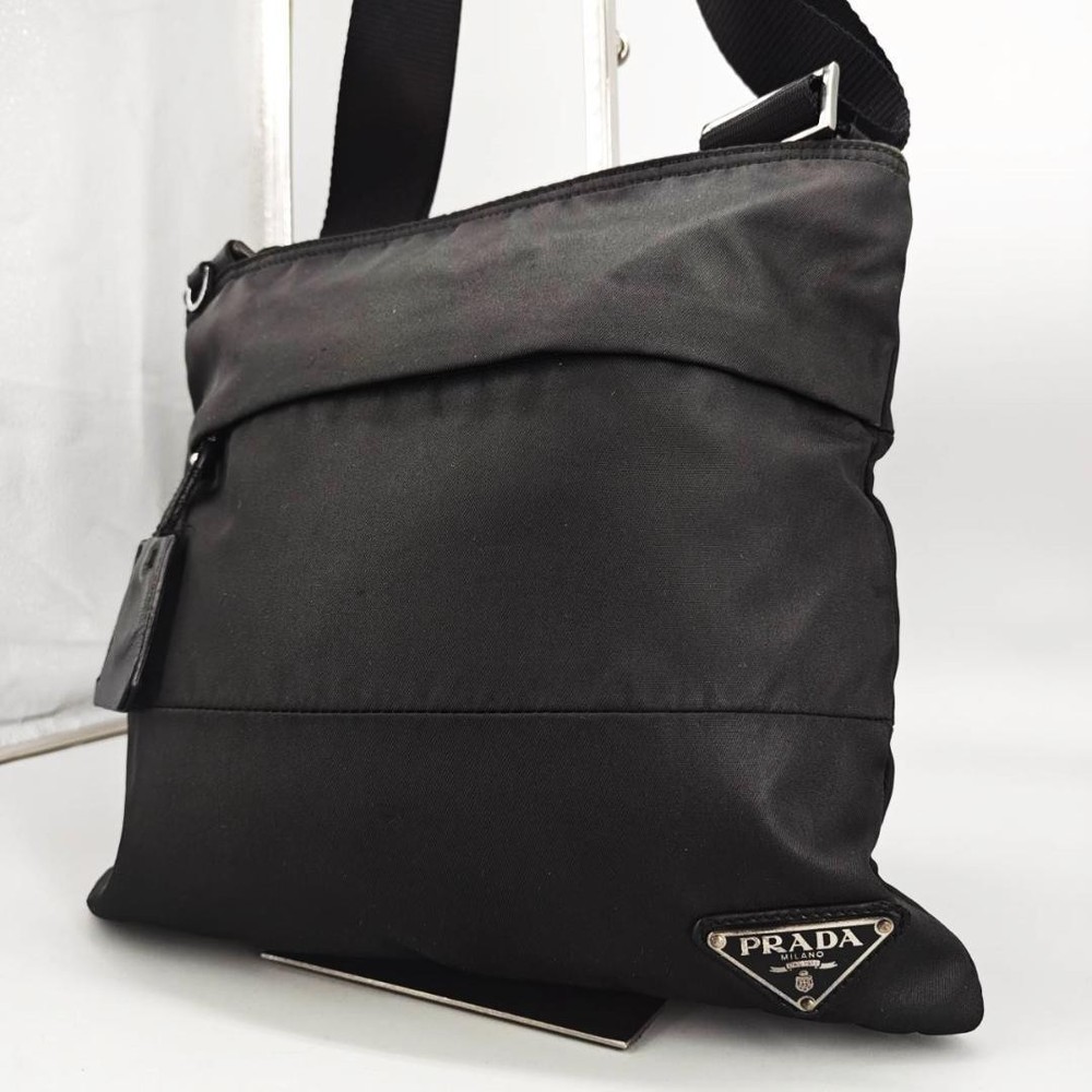 Prada Black Nylon Shoulder Bag with Triangle Logo and Leather Charm in Excellent Condition