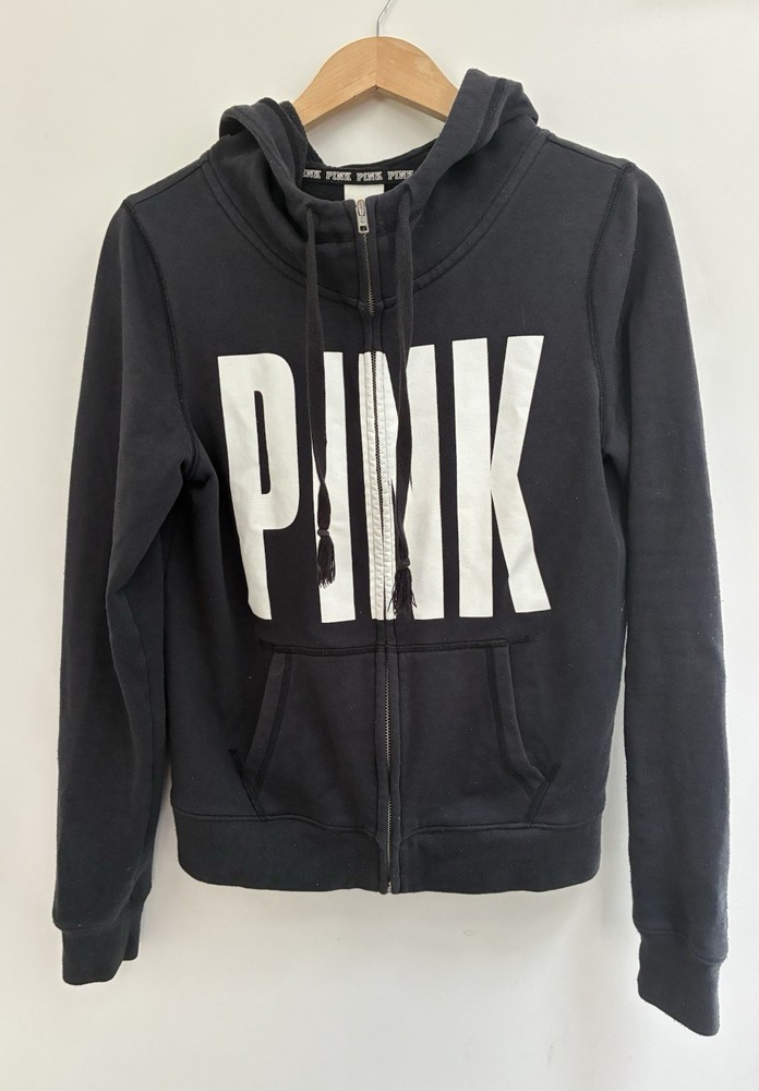 Victoria's Secret Pink Women Logo Cotton Blend Zip Up Long Sleeve Hoodie Black S