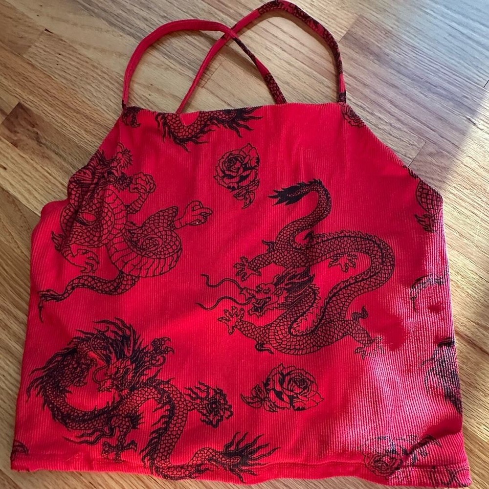 Y2K 90's Women red and black Dragon print crop top urban streetwear l SIZE LARGE