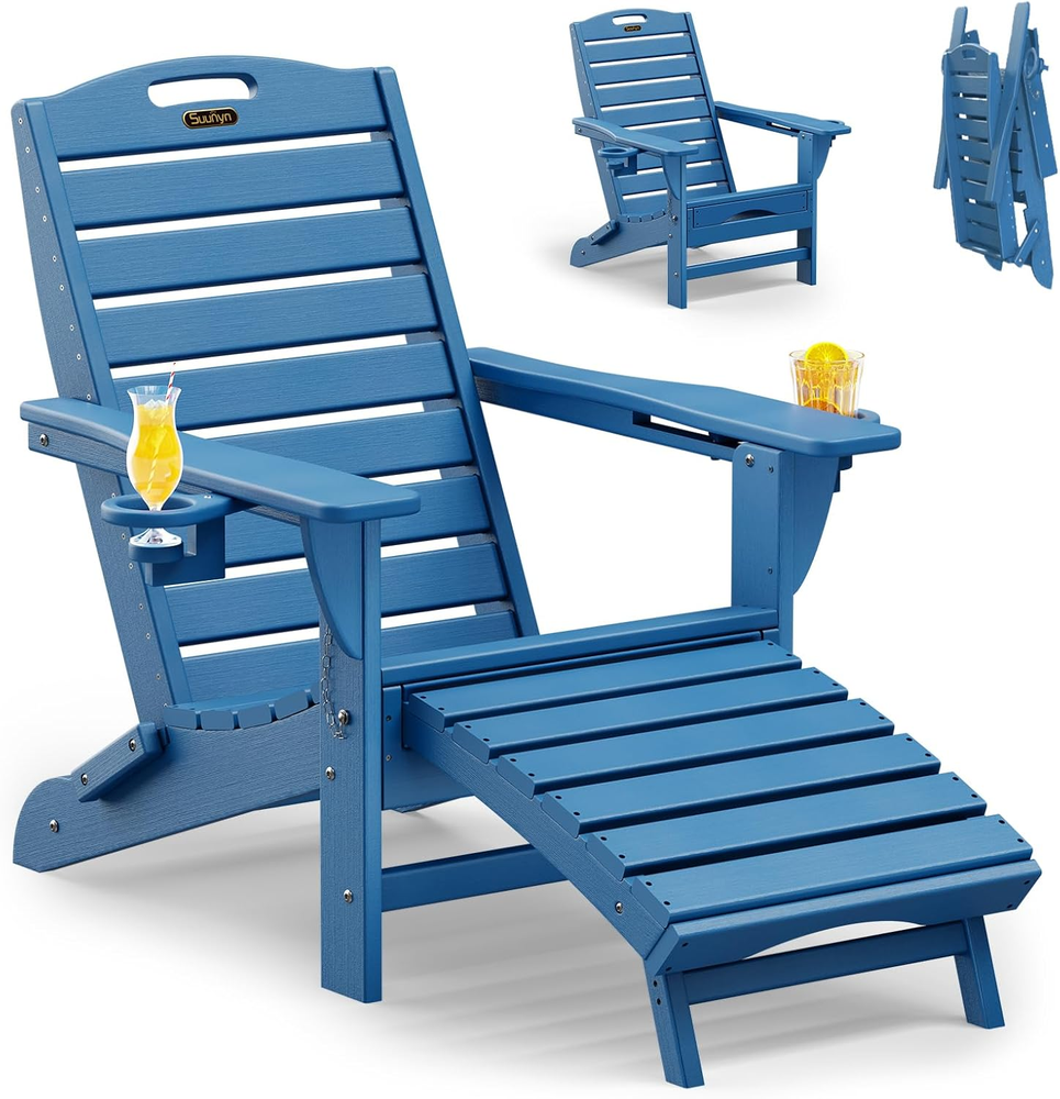 Weather-Resistant Folding Adirondack Chair with Retractable Ottoman and Fire Pit
