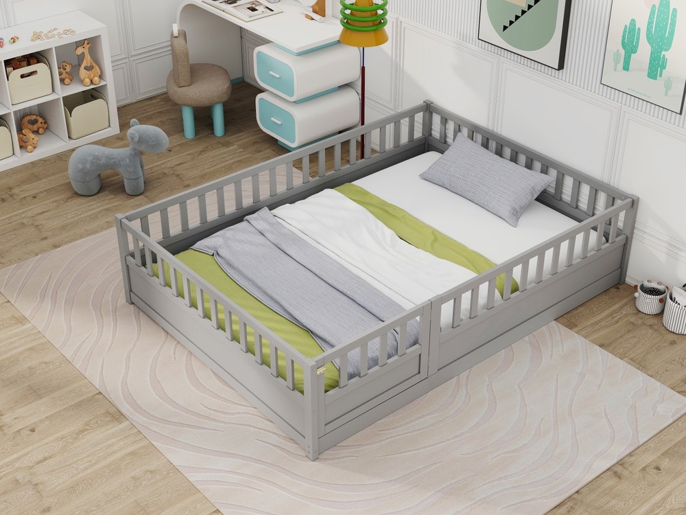 Full-size kids floor bed with ultra-high safety barrier in grey-image