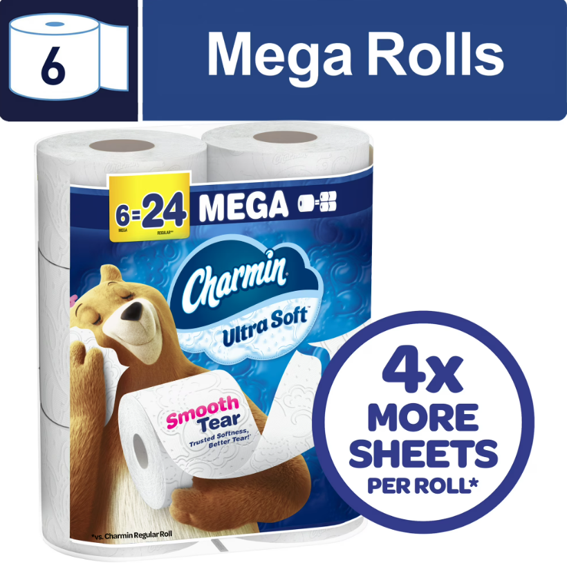 Charmin Ultra Soft Toilet Paper, 6 Mega Rolls = 24 Regular Rolls