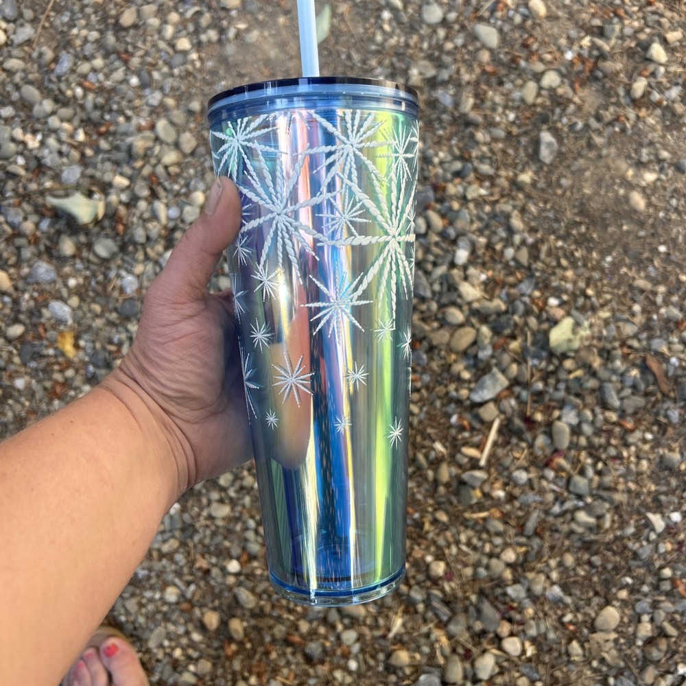 New STARBUCKS 24oz VENTI 2023 Holiday Snowflakes Blue Iridescent Cold Cup with Straw