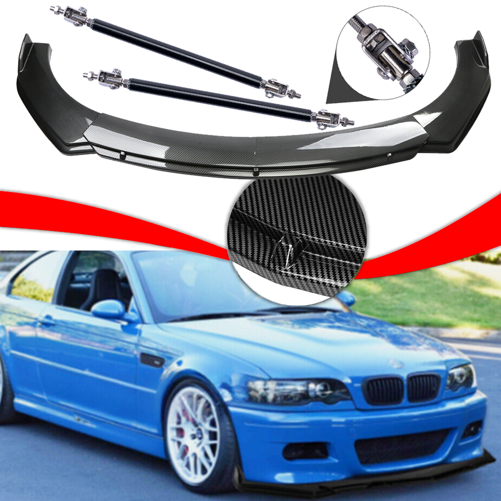 For BMW 3 Series E46 M3 Carbon Fiber Style Front Bumper Lip Spoiler /Strut Rods