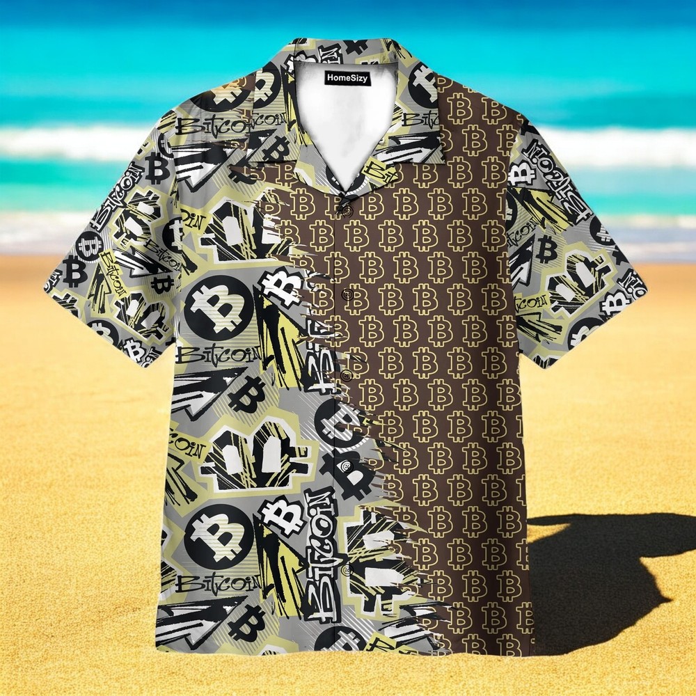 Bitcoin Doodle Funky Pattern Hawaiian Shirt For Men US Size Summer Style NEW
