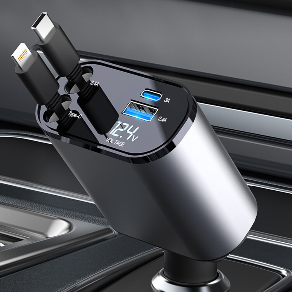 100W 4-in-1 Fast Car Phone Charger with Retractable Cable and USB Ports