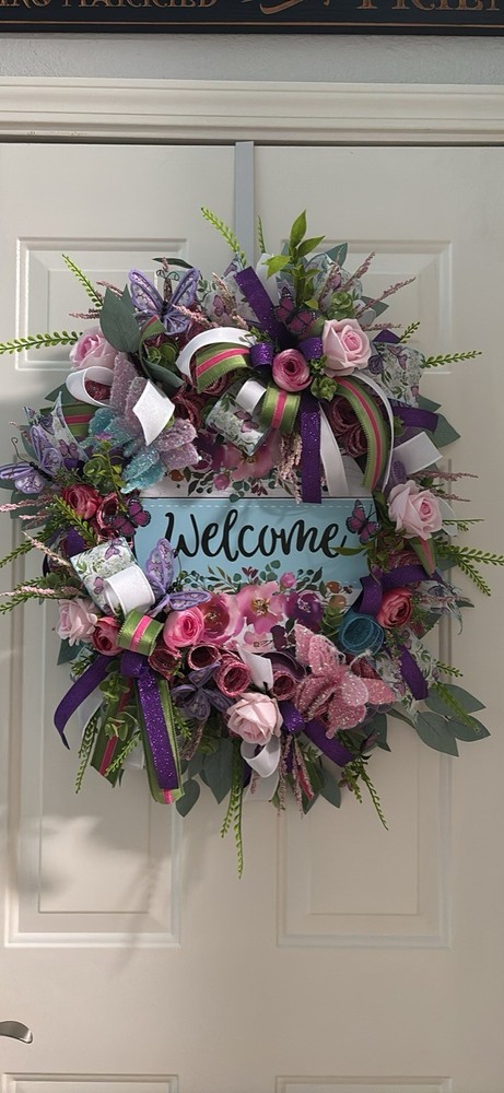 Spring Everyday Wreath Swag Butterflies  Wood Welcome Sign