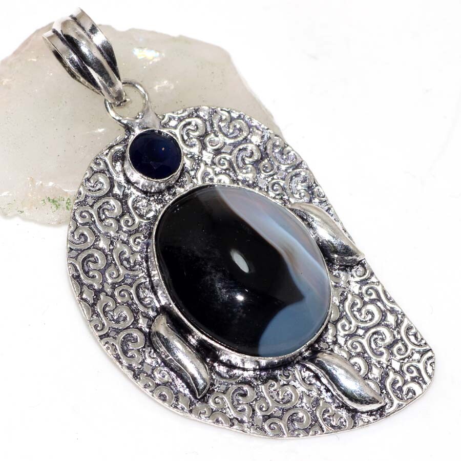 Banded Black Onyx Blue Topaz Pendant| Latest Gifts Size 2.4